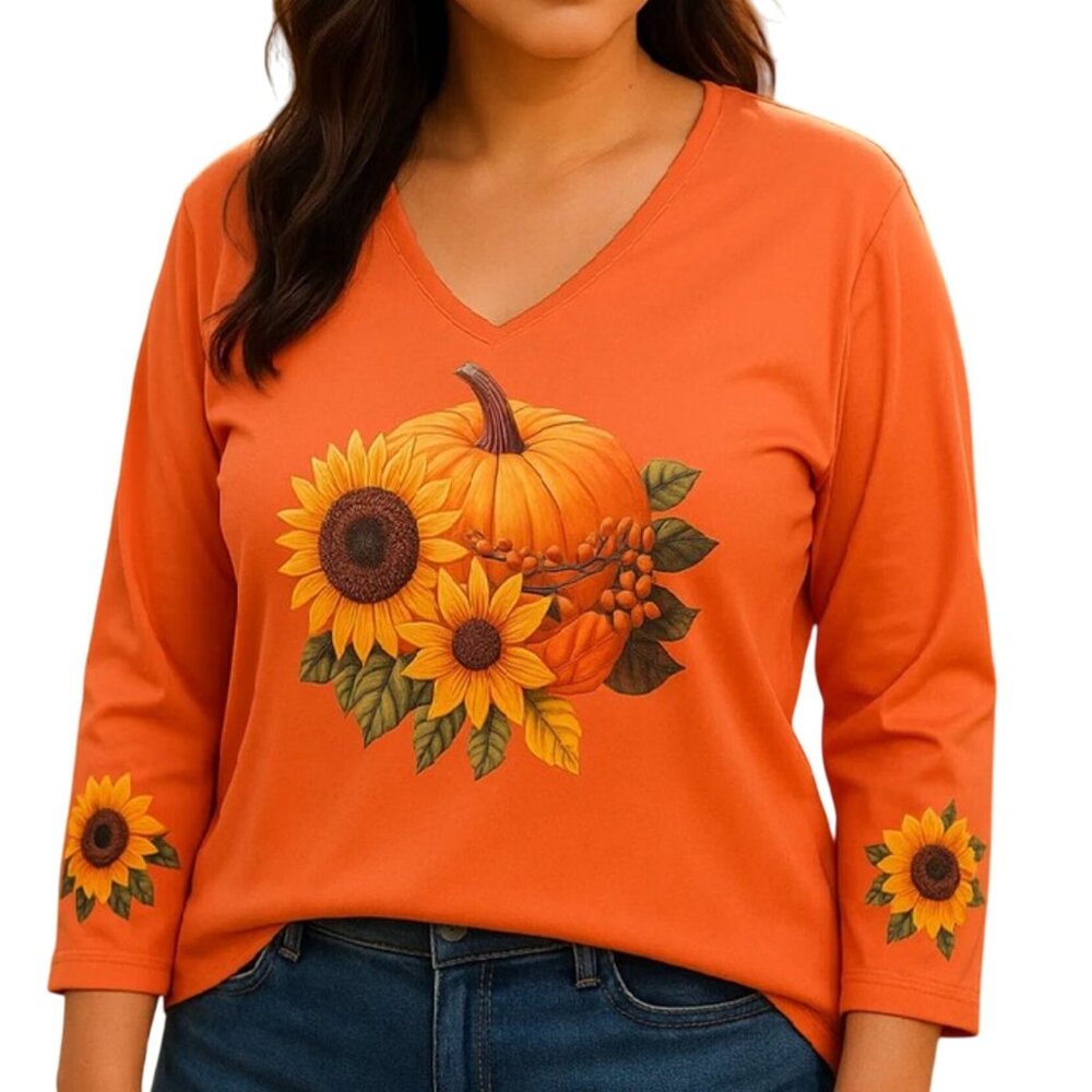Pumpkin Sunflower Print Long Sleeve V Neck Fall Top Womens Size Large Polyester